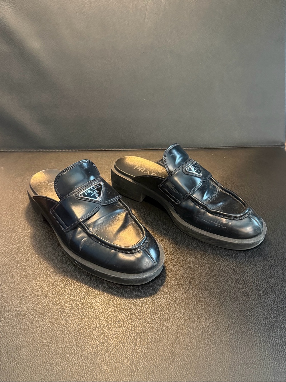 Prada Black Leather Slip-On Loafer Mules with Triangle Logo Plaque - Picture 2 of 6